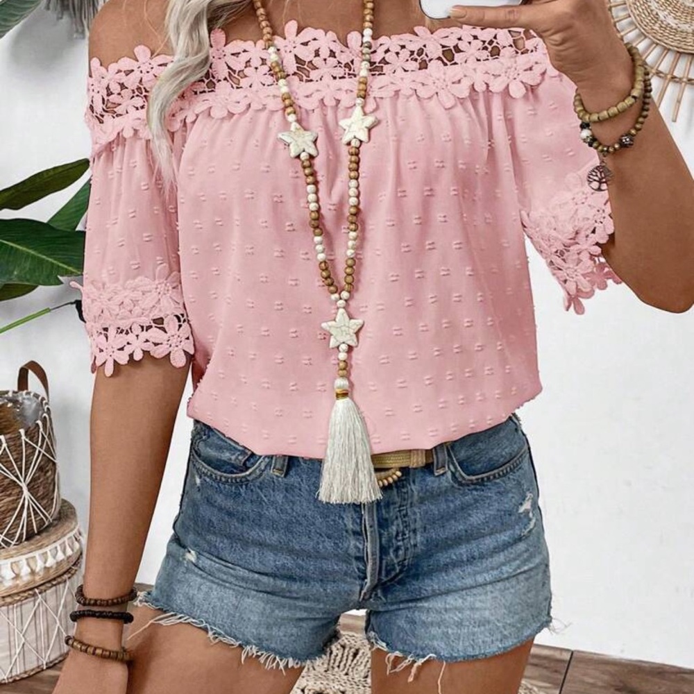 New Pink Off-Shoulder Lace Trim Top - Picture 4 of 4